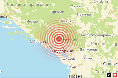 Карта землетрясения в Черногории