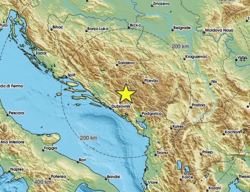 Карта с меткой землетрясения произошедшего в 27 км от Никшича 