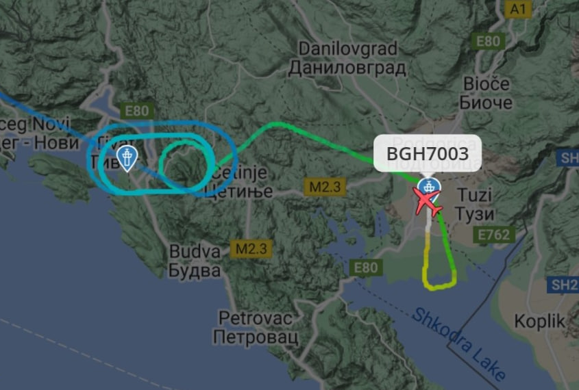 Маршрут самолета над Черногорией на FlyRadar