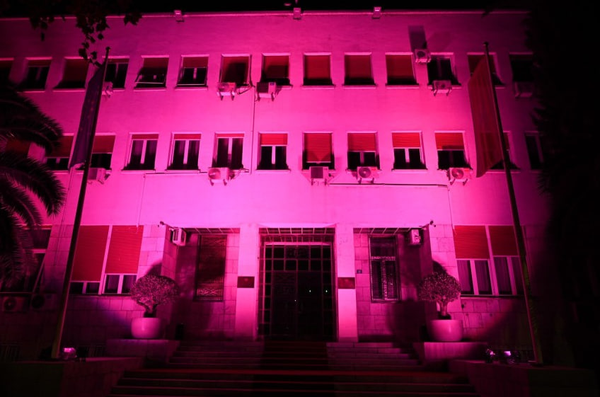 Здание парламента Черногории подсвечено розовым цветом