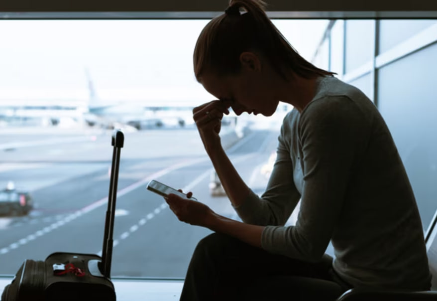 Девушка с чемоданом в аэропорту