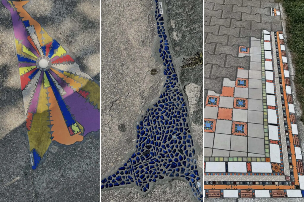 Выбоины на дороге заделанные мозаикой